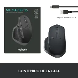 Logitech Rato MX Master 2S Grafite, conteúdo da caixa: rato vista superior, caixa e cabo USB de 0,7 m