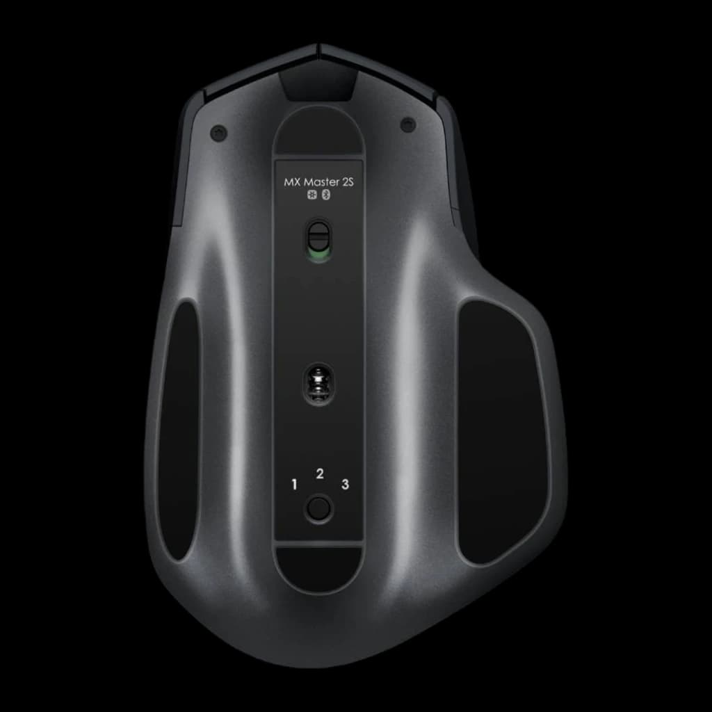 Logitech Rato MX Master 2S Grafite, vista inferior: sensor óptico, seletor de 3 dispositivos e patins de deslizamento