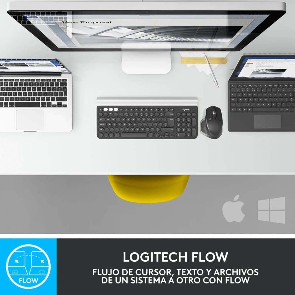 Logitech Rato MX Master 2S Grafite, vista superior: rato em secretária com teclado, Mac e Surface, função Logitech Flow