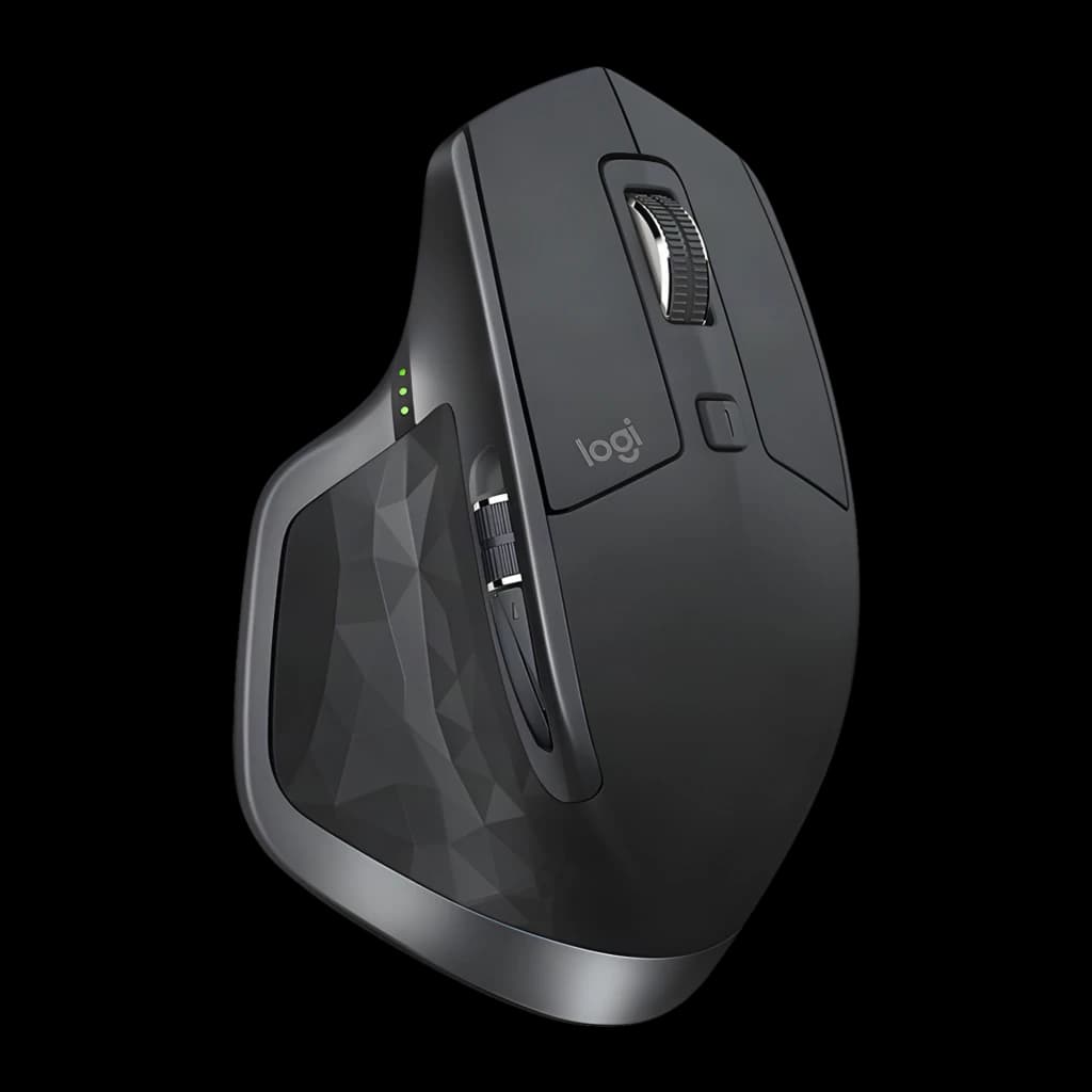 Logitech Rato MX Master 2S Grafite, vista lateral esquerda: roda, botão Easy-Switch, LEDs verdes de bateria e textura