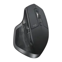 Logitech Rato MX Master 2S Grafite, vista lateral esquerda: roda, botão Easy-Switch, LEDs verdes de bateria e textura
