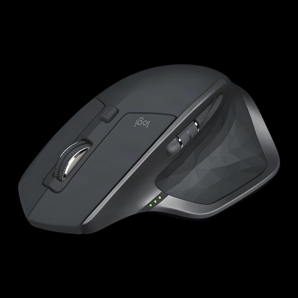 Logitech Rato MX Master 2S Grafite, vista lateral-superior: roda metálica, botões laterais e LEDs verdes visíveis
