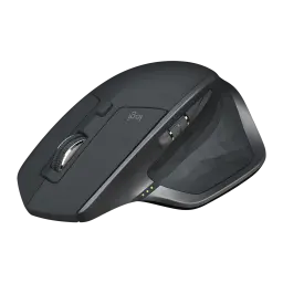 Logitech Rato MX Master 2S Grafite, vista lateral-superior: roda metálica, botões laterais e LEDs verdes visíveis