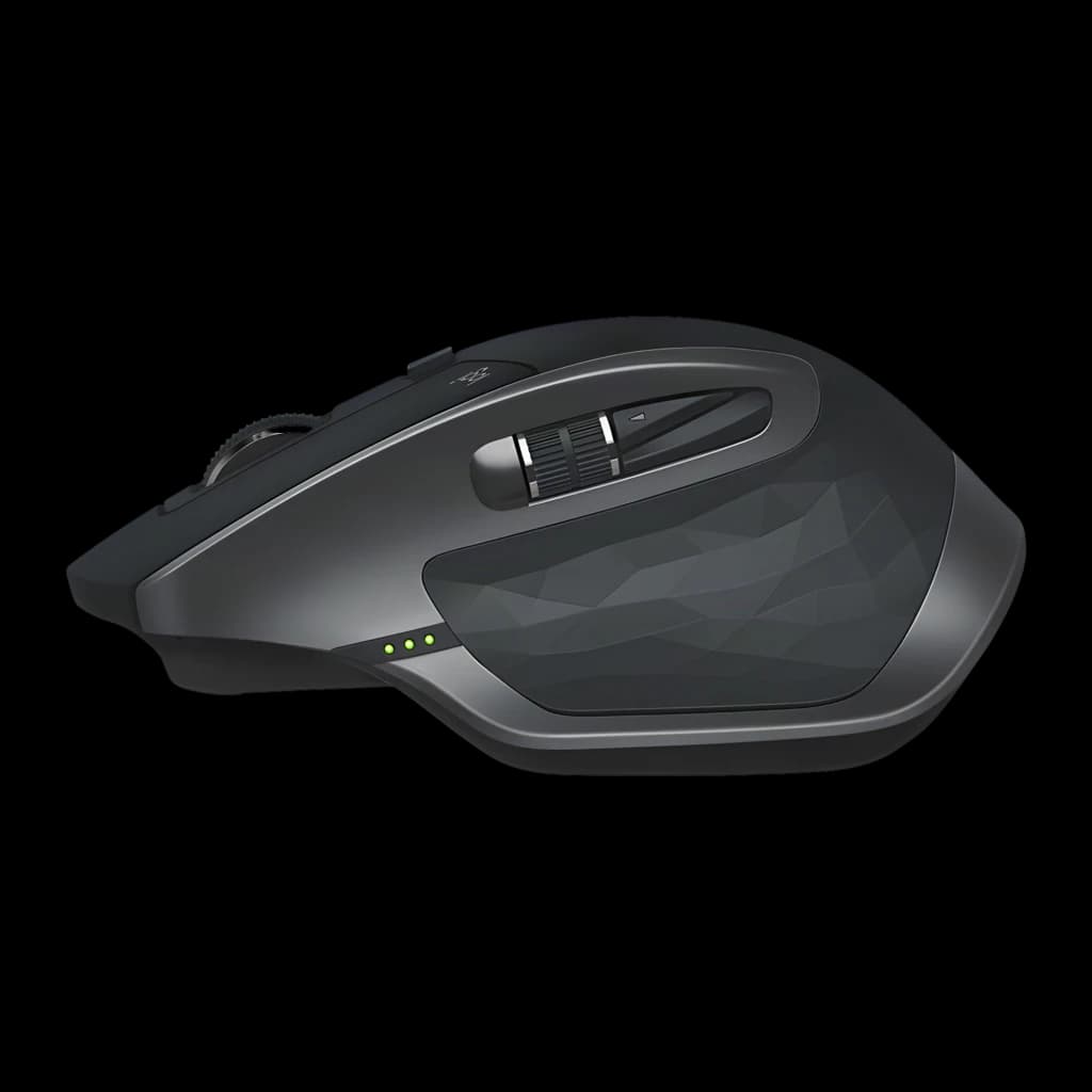 Logitech Rato MX Master 2S Grafite, vista lateral direita: roda de deslocamento, botões laterais e indicadores LED verdes