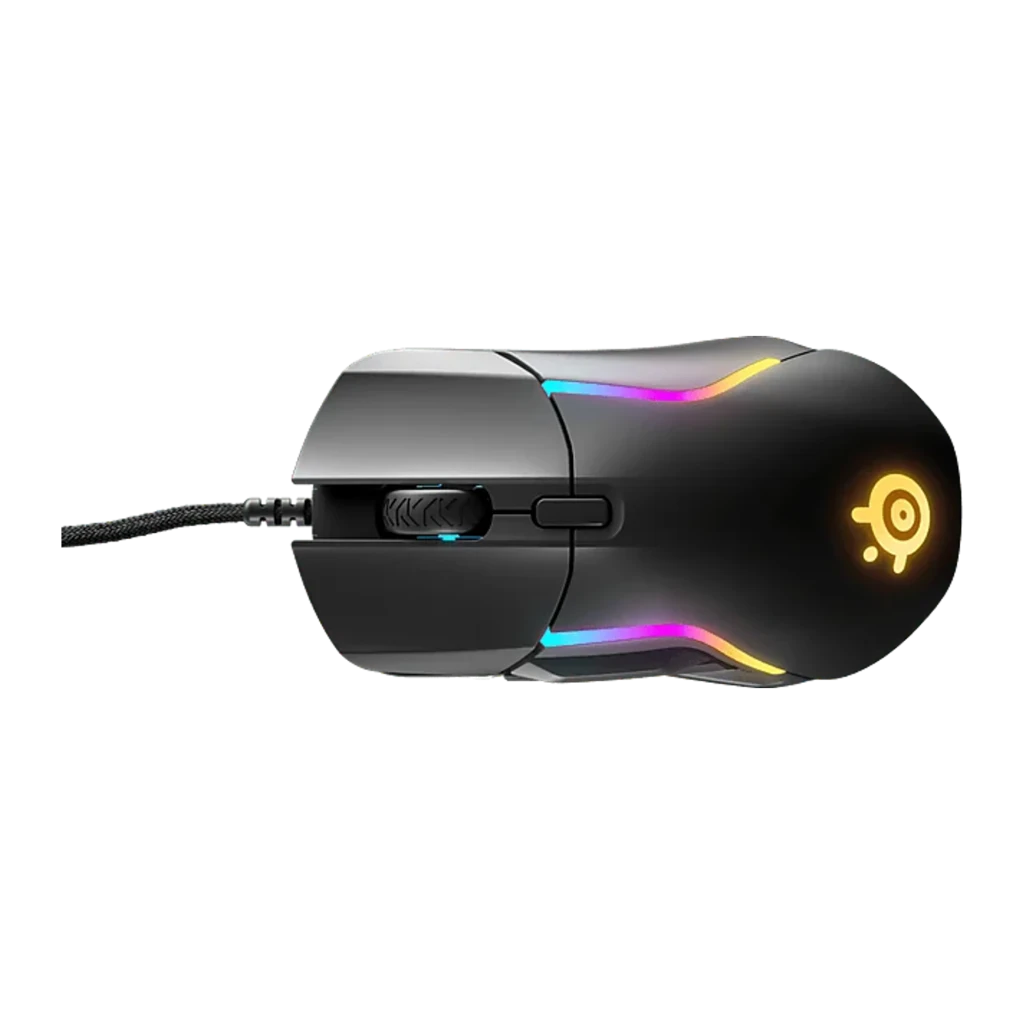 SteelSeries Rival 5 noir mat, vue du dessus: éclairage RGB multicolore, logo orange et molette de défilement