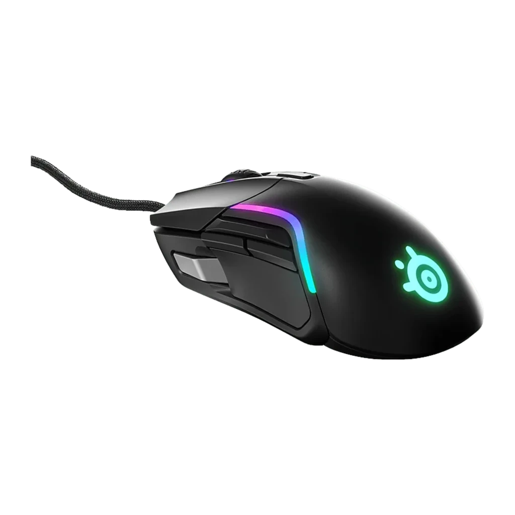 SteelSeries Rival 5 noir mat, vue latérale gauche: bande RGB illuminée, logo vert et boutons supplémentaires