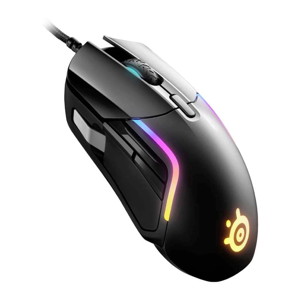 SteelSeries Rival 5 noir, vue latérale-supérieure: bande RGB sur le flanc et logo orange lumineux
