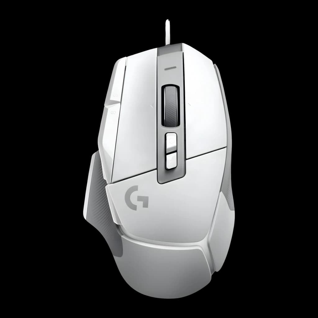 Logitech G502 X HERO 25K blanc, vue du dessus: molette, boutons latéraux et logo G visibles fond noir