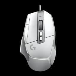 Logitech G502 X HERO 25K blanc, vue du dessus: molette, boutons latéraux et logo G visibles fond noir