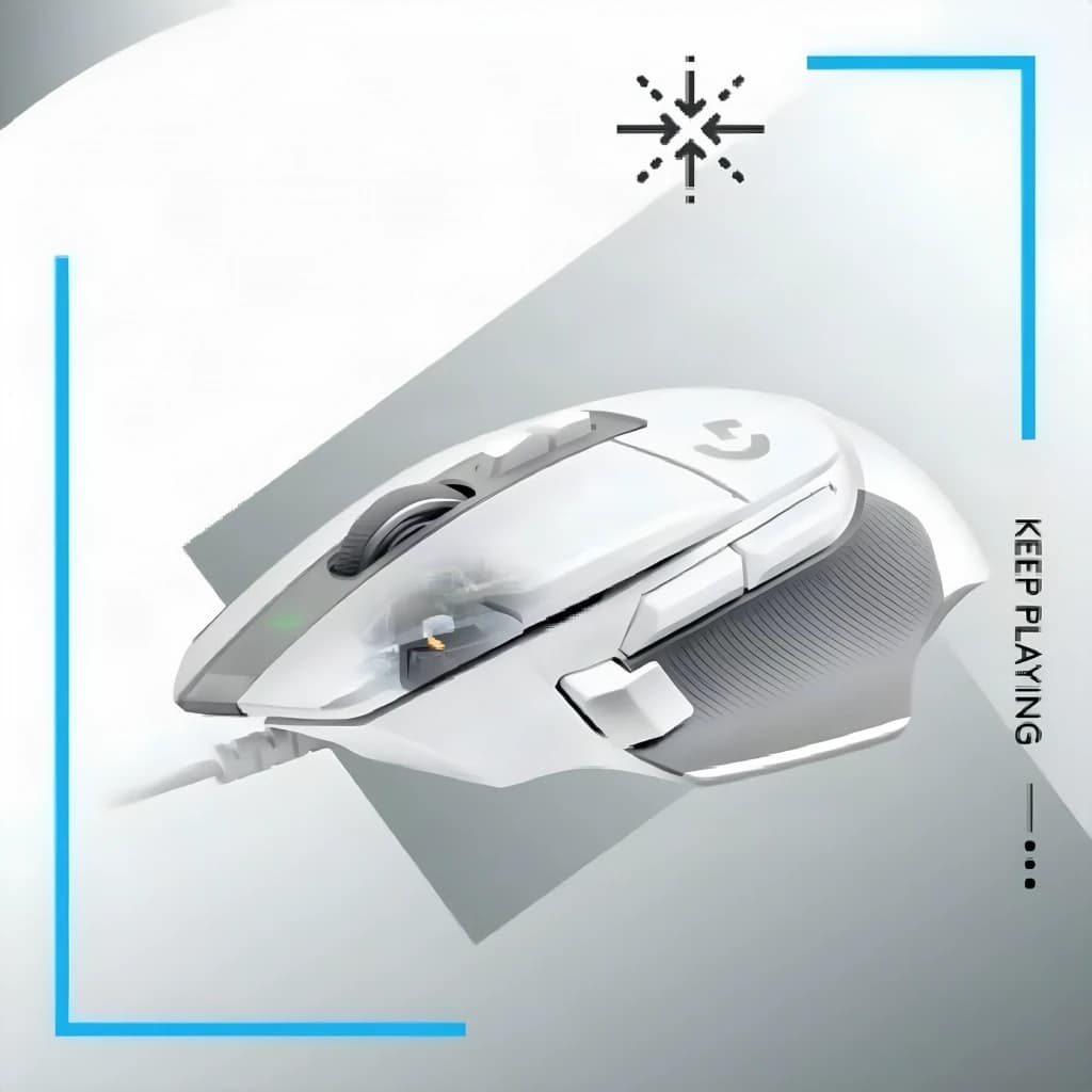 Logitech G502 X HERO 25K blanc, vue supérieure en angle: boutons latéraux, molette et câble USB visibles