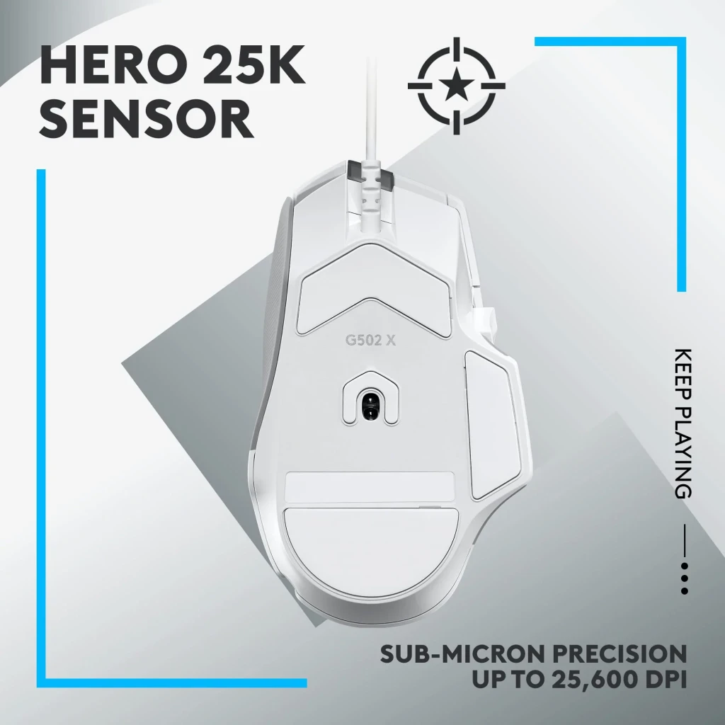 Logitech G502 X HERO 25K blanco, vista superior: rueda de scroll, botones laterales y logo G visibles - Ítem6
