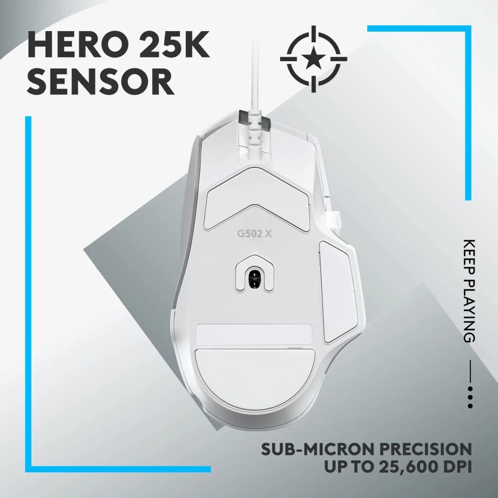 Logitech G502 X HERO 25K blanc, vue inférieure: capteur HERO 25K et patins visibles, mention 25600 DPI