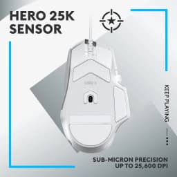 Logitech G502 X HERO 25K blanc, vue inférieure: capteur HERO 25K et patins visibles, mention 25600 DPI
