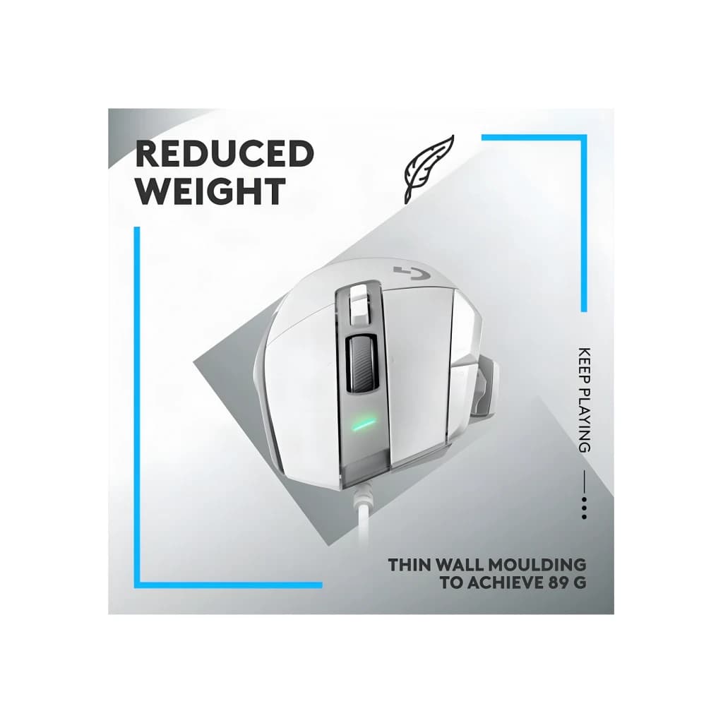 Logitech G502 X HERO 25K blanc, vue du dessus: souris gaming légère 89 g avec molette et LED verte visible