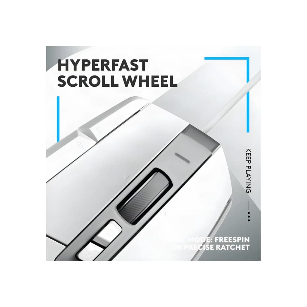 Logitech G502 X HERO 25K blanc, détail molette: scroll hyperfast avec mode freespin et crantage en gros plan