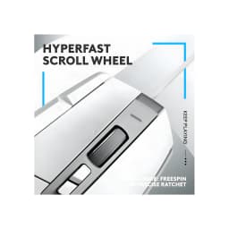 Logitech G502 X HERO 25K blanc, détail molette: scroll hyperfast avec mode freespin et crantage en gros plan