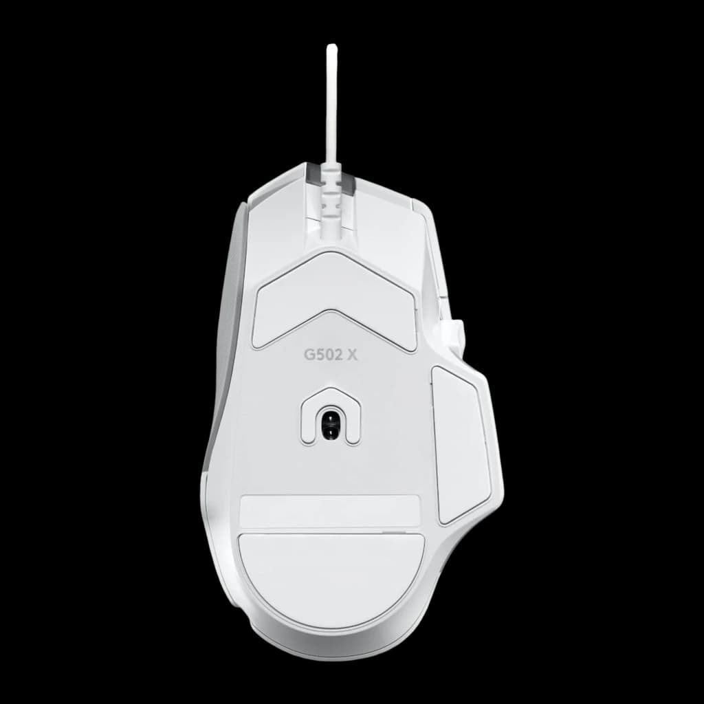 Logitech G502 X HERO 25K blanc, vue du dessous: base avec capteur optique, patins et gravure G502 X