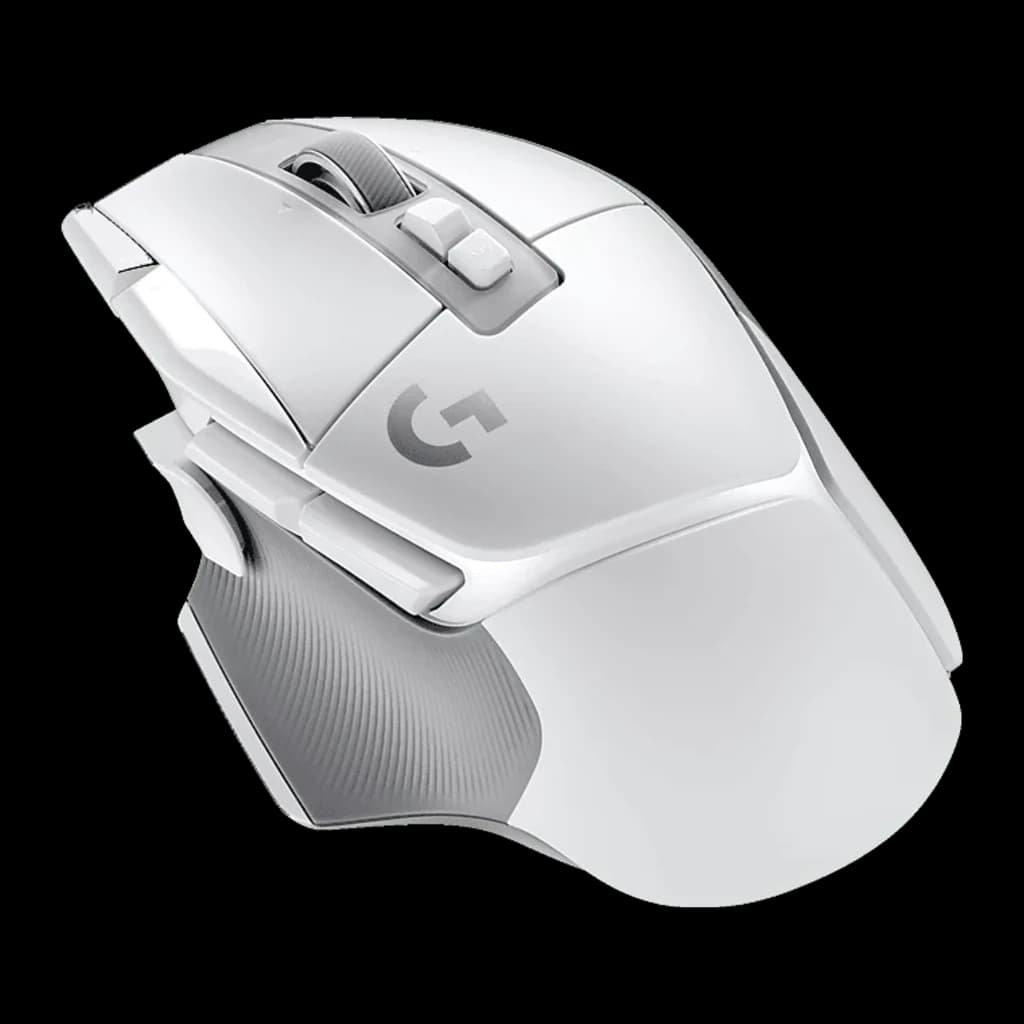 Logitech G502 X HERO 25K blanc, vue latérale-dessus: logo G, boutons latéraux et grip texturé visibles