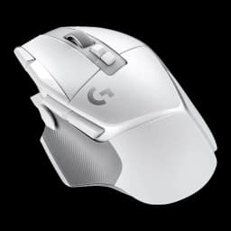 Logitech G502 X HERO 25K blanc, vue latérale-dessus: logo G, boutons latéraux et grip texturé visibles
