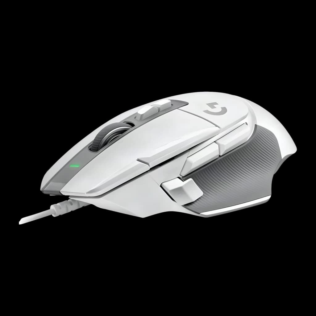 Logitech G502 X HERO 25K blanc, vue latérale: profil droit avec molette, boutons latéraux, LED verte et câble USB