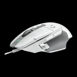 Logitech G502 X HERO 25K blanc, vue latérale: profil droit avec molette, boutons latéraux, LED verte et câble USB