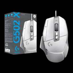 Logitech G502 X HERO 25K blanc, vue avec boîte: souris gaming et packaging officiel sur fond noir
