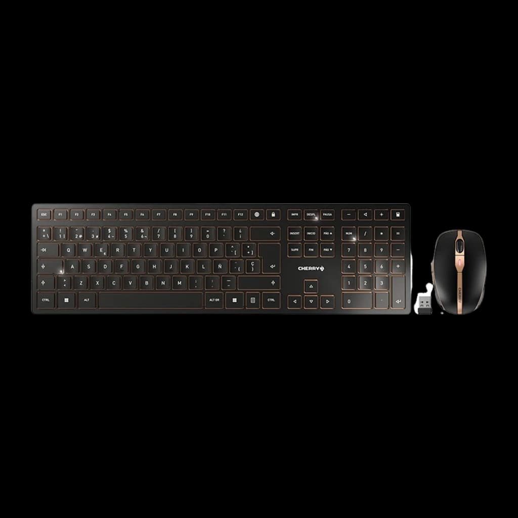 Cherry Kit clavier souris sans fil DW 9100 Slim noir, vue de dessus: clavier complet avec accents dorés et souris