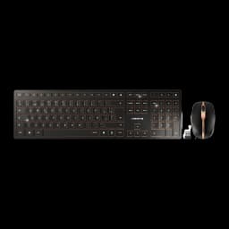 Cherry Kit clavier souris sans fil DW 9100 Slim noir, vue de dessus: clavier complet avec accents dorés et souris