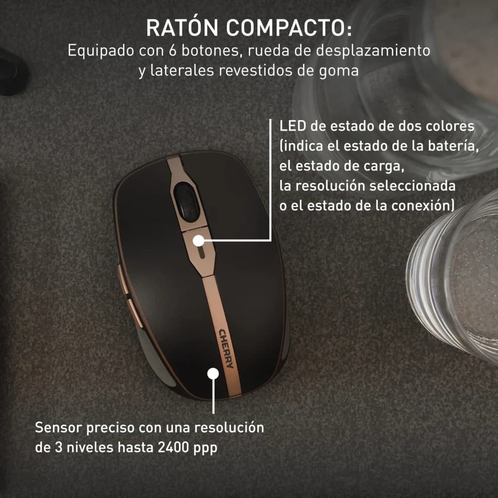 Cherry Kit clavier souris DW 9100 Slim noir, infographie: souris compacte avec LED d'état et détails cuivrés vue de dessus