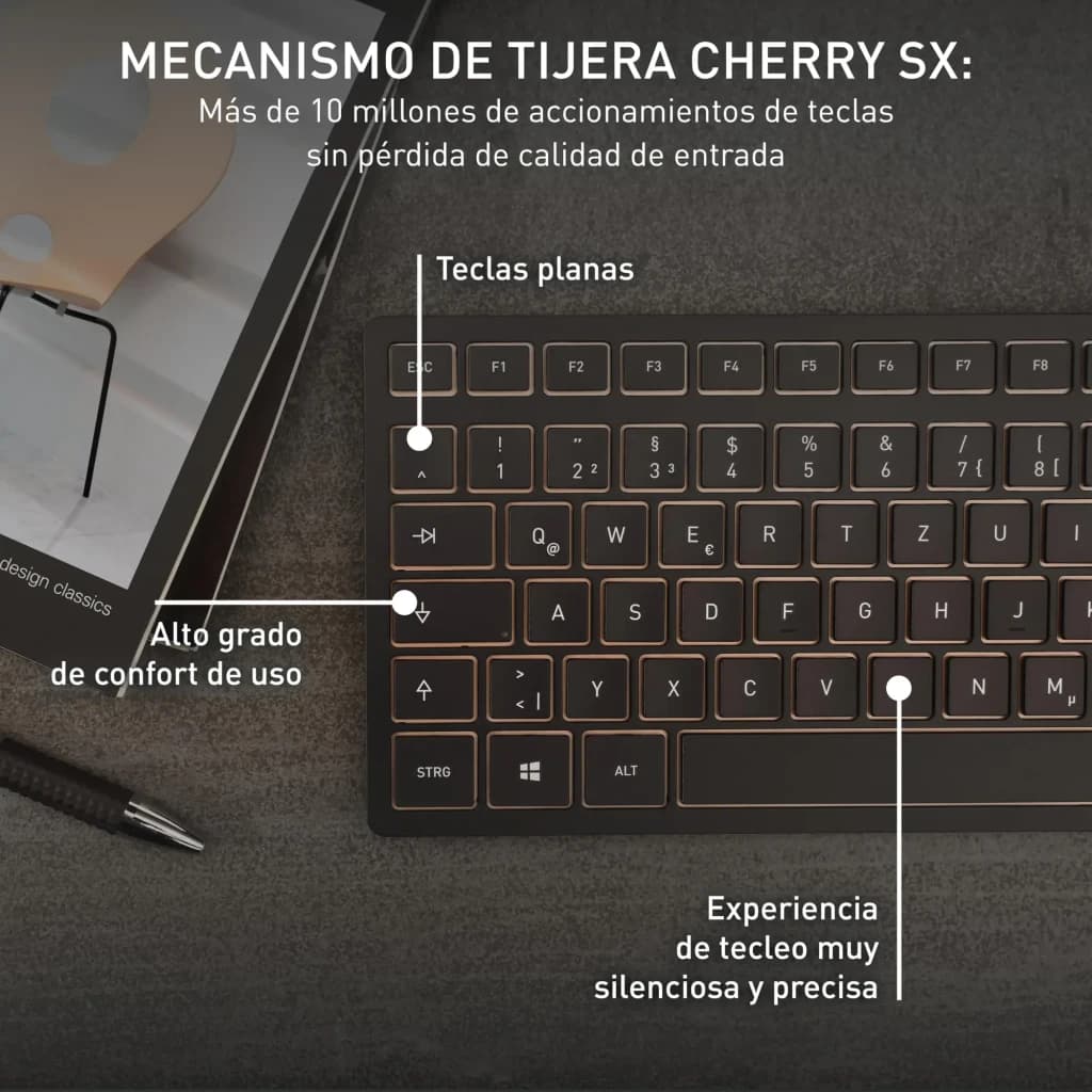 Cherry Kit clavier souris DW 9100 Slim noir, détail: touches plates mécanisme ciseaux SX avec annotations de caractéristiques