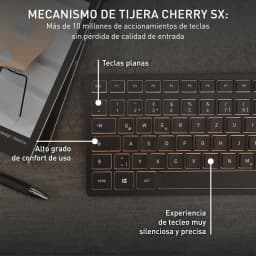 Cherry Kit clavier souris DW 9100 Slim noir, détail: touches plates mécanisme ciseaux SX avec annotations de caractéristiques