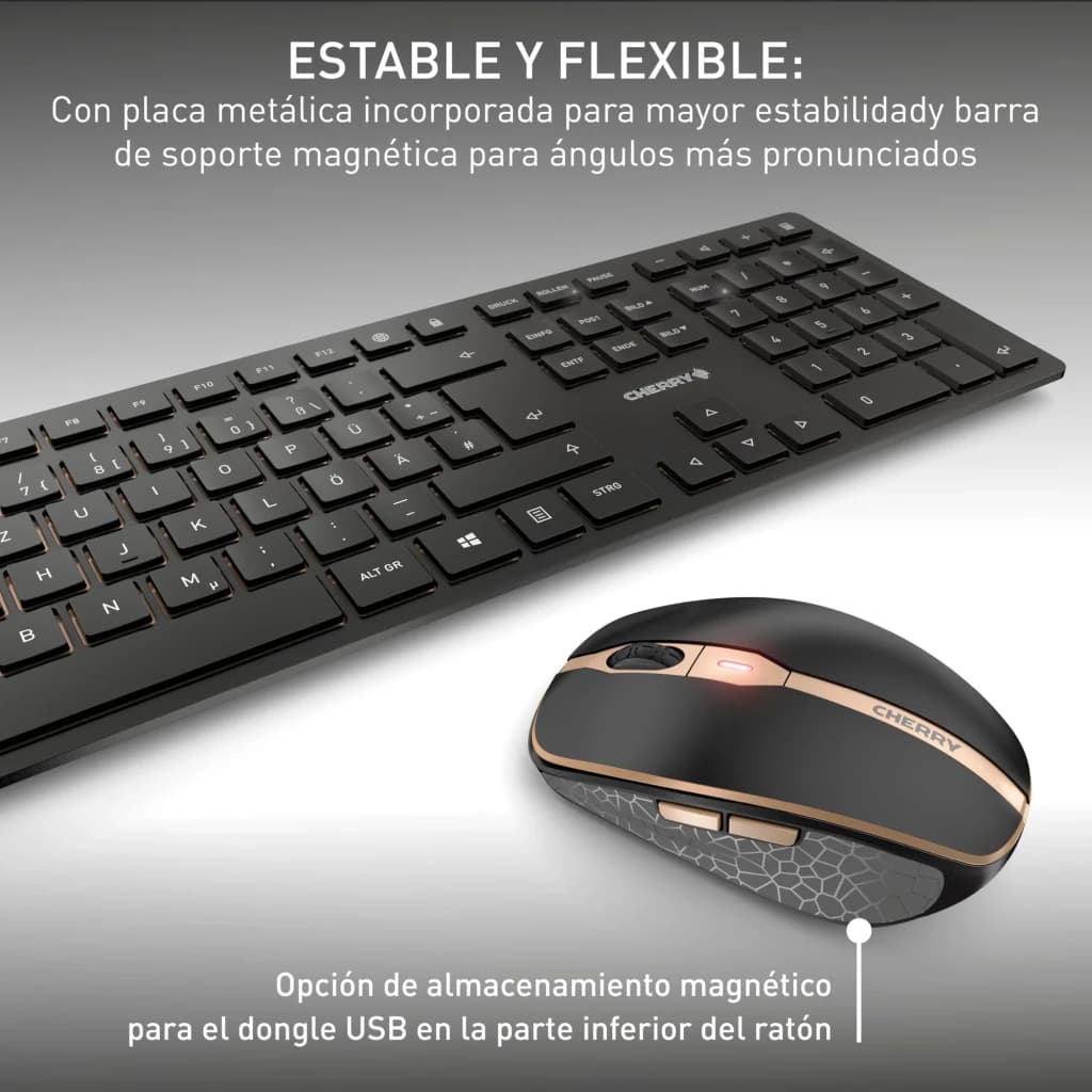 Cherry DW 9100 Slim noir, détail: clavier slim avec plaque métallique et souris avec bande dorée et texture géométrique