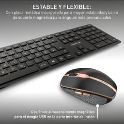 Cherry DW 9100 Slim noir, détail: clavier slim avec plaque métallique et souris avec bande dorée et texture géométrique