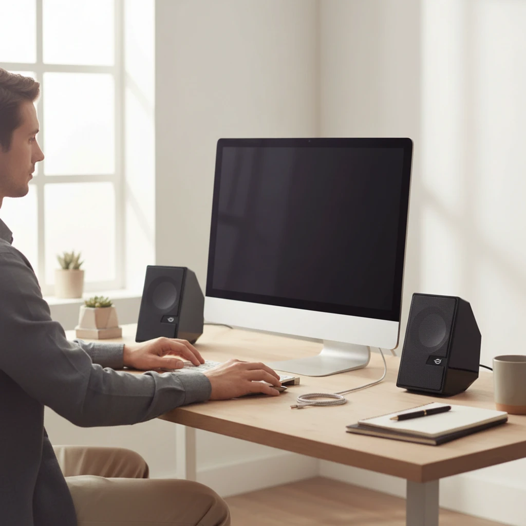 Enceintes CONCEPTRONIC 10W BT USB posées sur un bureau en cours d'utilisation, avec Bluetooth 5.0 et audio stéréo 2.0