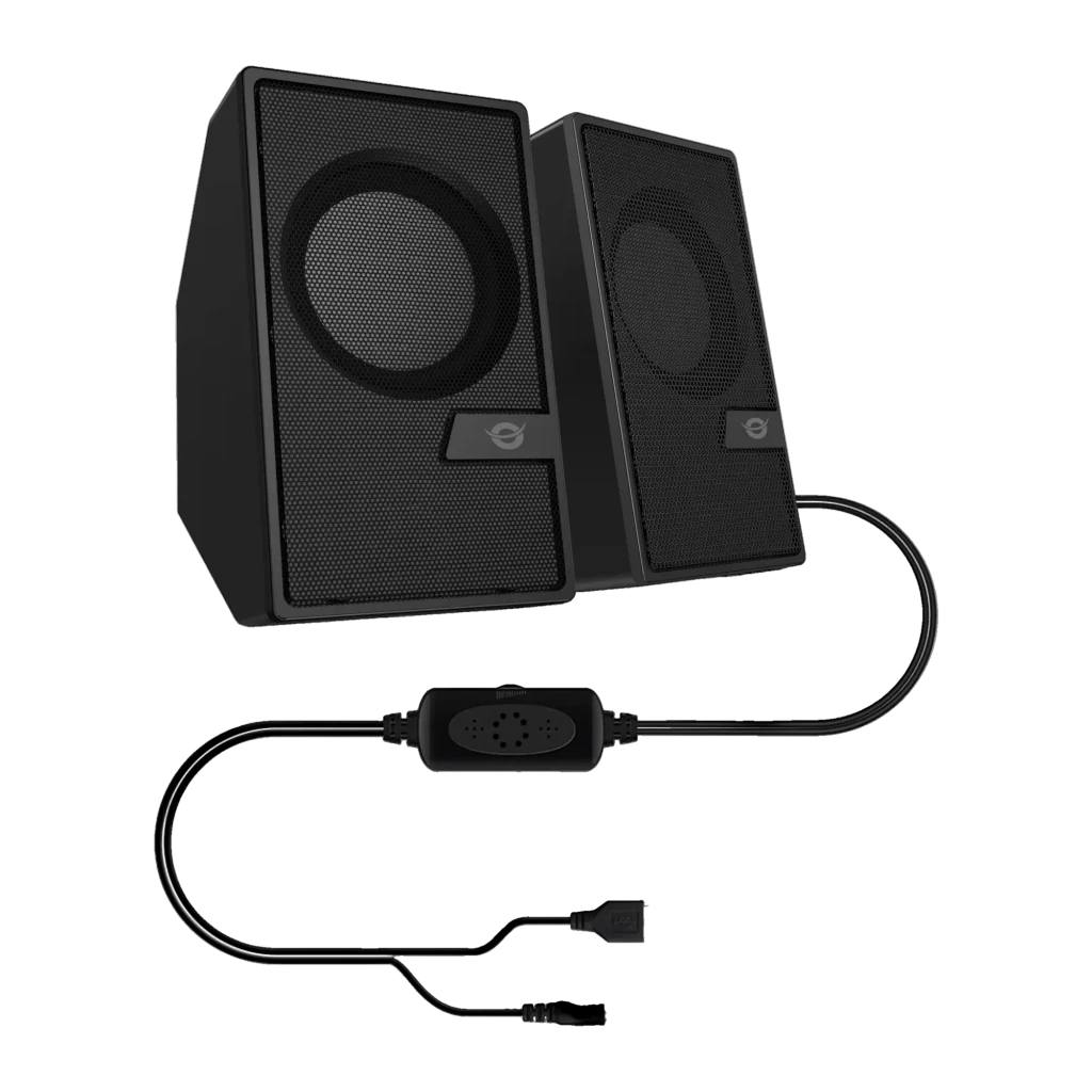 Conceptronic Enceintes 2.0 10W BT USB 3.5mm noir, vue principale: deux enceintes en angle avec câble de contrôle en ligne