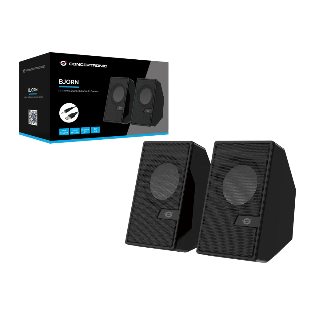 Conceptronic BJORN Enceintes 2.0 10W Noir, vue avec boîte: paire d'enceintes de face avec emballage