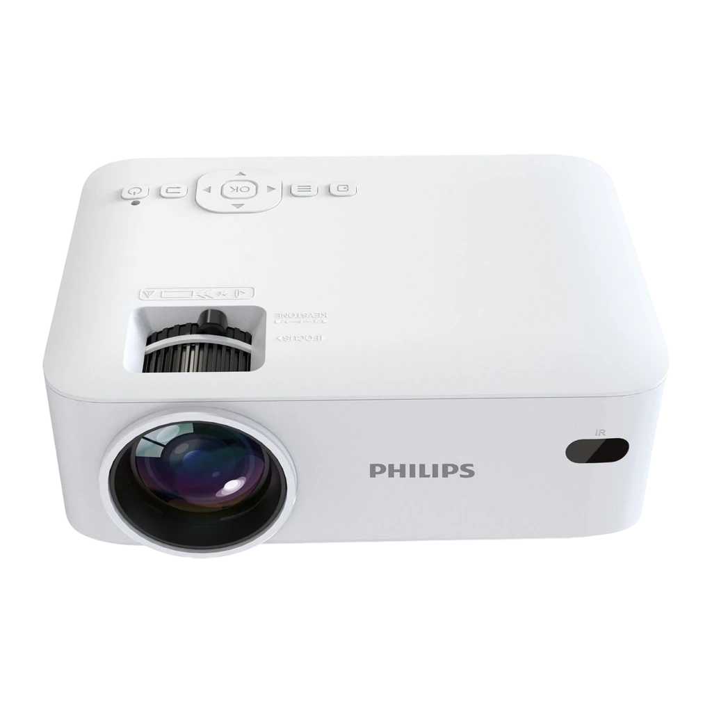 Philips Projetor NeoPix 100 LCD Branco, vista frontal lateral: lente iluminada, grelha de ventilação e portas laterais - Item1