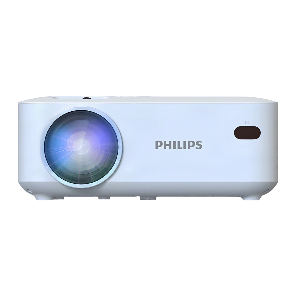Philips Projetor NeoPix 100 LCD Branco, vista frontal lateral: lente iluminada, grelha de ventilação e portas laterais - Item2