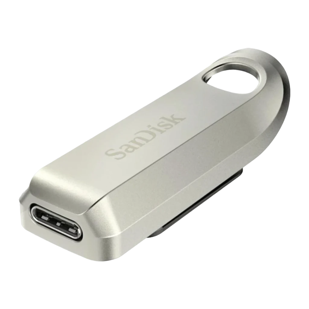 SanDisk Ultra Luxe 256GB USB-C plata, vista lateral: conector USB-C desplegado y aro llavero en cuerpo metálico - Ítem1
