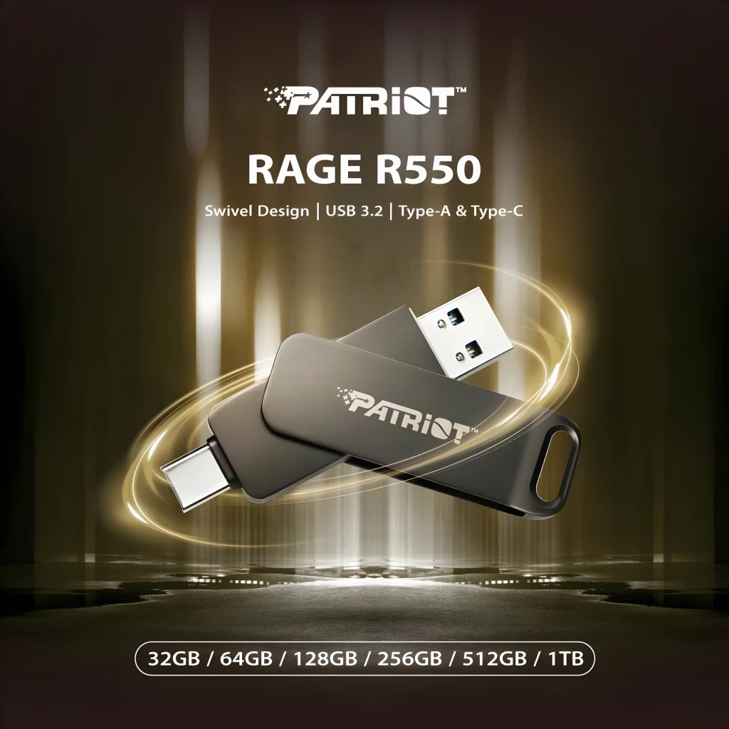 Patriot Rage R550 1TB negro, vista angular: conectores USB-A y USB-C desplegados mostrando diseño swivel giratorio - Ítem5