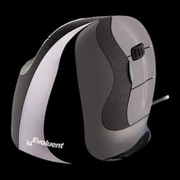 Evoluent Vertical Mouse D Mediano con cable Negro Gris, vista frontal: diseño ergonómico vertical, rueda de scroll y botones