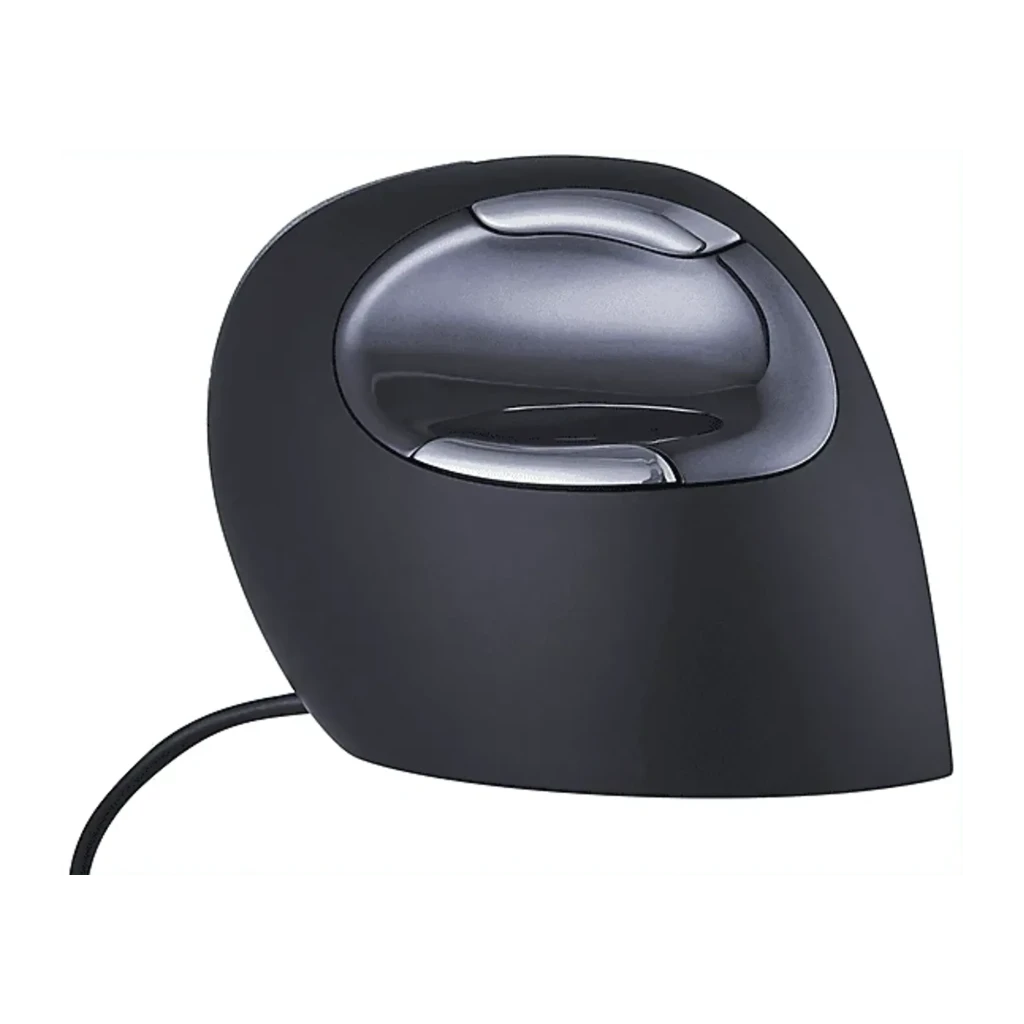 Evoluent Vertical Mouse D Médio com fio Preto Cinza, vista frontal: formato ergonómico vertical, roda de scroll e botões - Item4