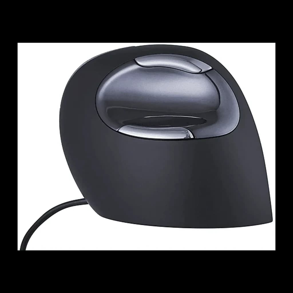Evoluent Vertical Mouse D Mediano con cable negro gris, vista lateral: perfil ergonómico vertical, botones grises y cable