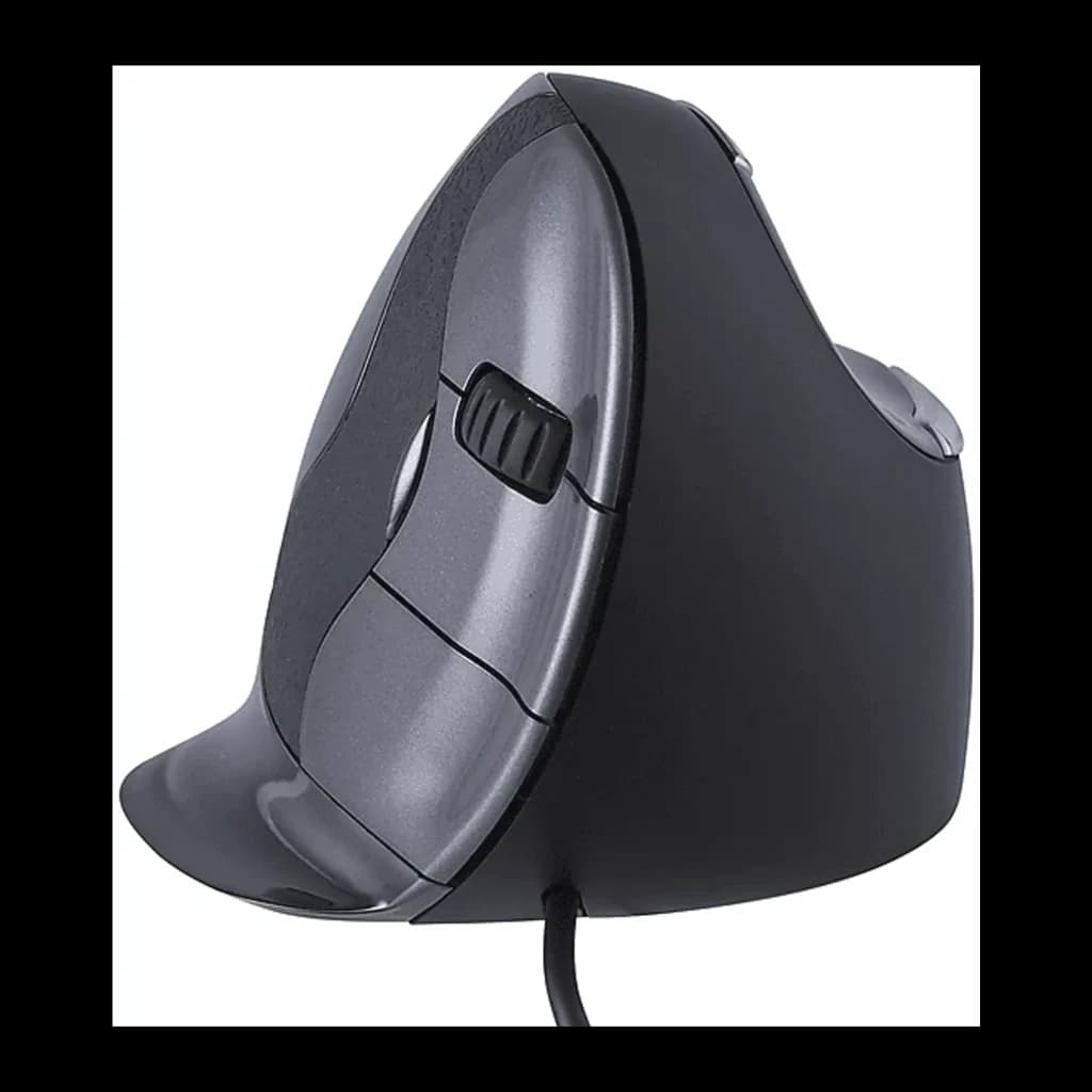 Evoluent Vertical Mouse D Mediano con cable negro gris, vista lateral: perfil ergonómico vertical, rueda de desplazamiento