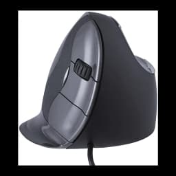 Evoluent Vertical Mouse D Mediano con cable negro gris, vista lateral: perfil ergonómico vertical, rueda de desplazamiento