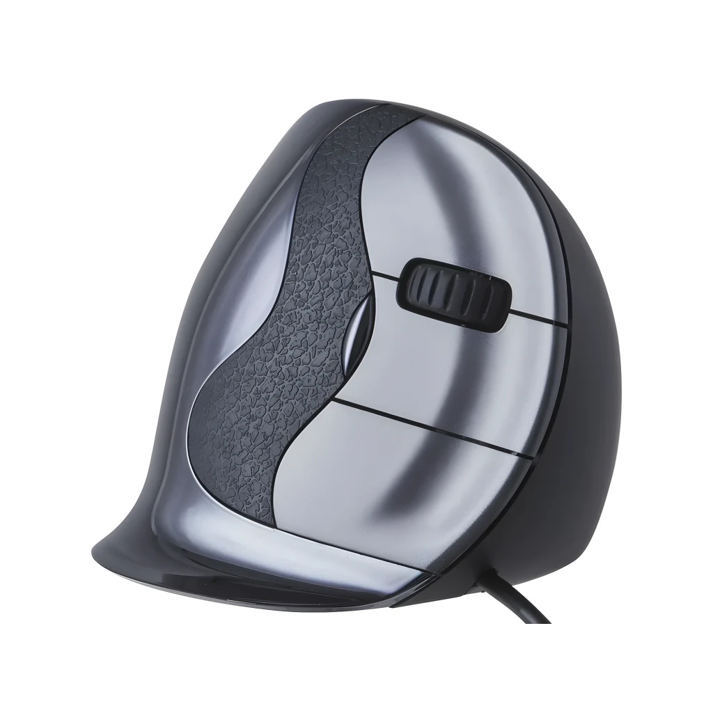Evoluent Vertical Mouse D Médio com fio Preto Cinza, vista frontal: formato ergonómico vertical, roda de scroll e botões - Item3