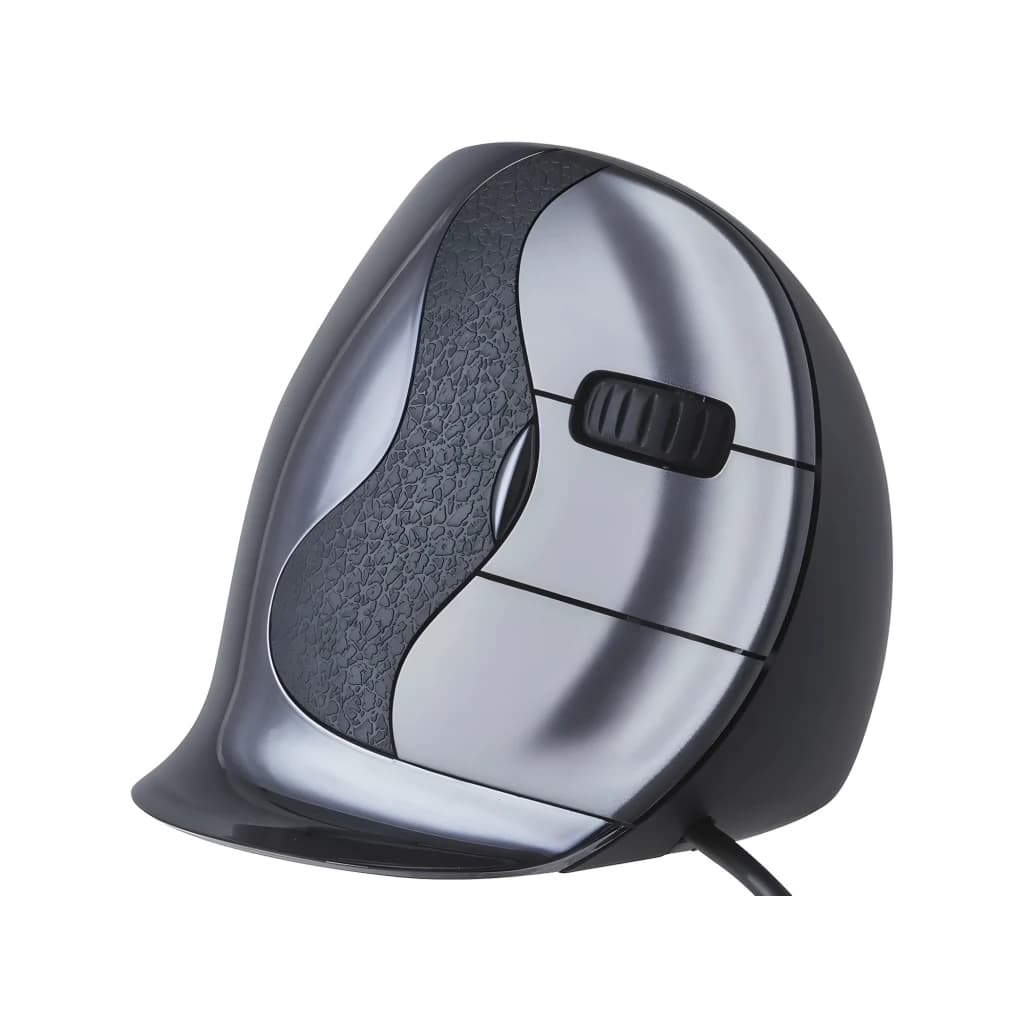 Evoluent Vertical Mouse D Mediano Negro Gris, vista frontal en ángulo: rueda de scroll, textura ergonómica y cuerpo vertical