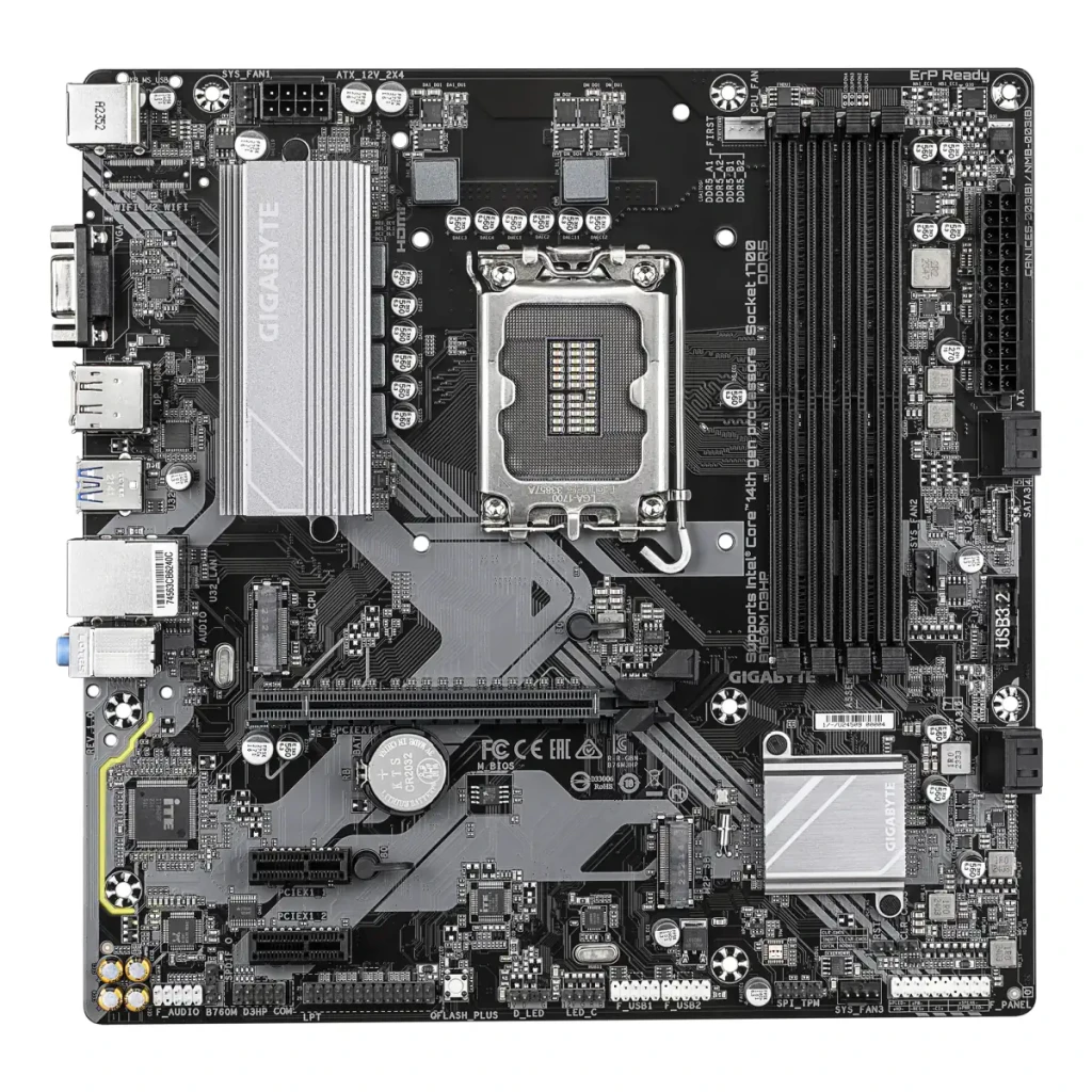 Gigabyte Placa base B760M D3HP Marrón, vista superior: socket LGA1700, ranuras DDR5, disipadores VRM y chipset plateados