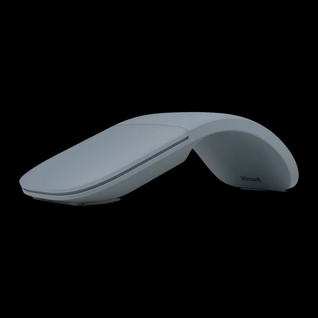 Microsoft Surface Arc Mouse Bleu, vue latérale: profil arqué avec logo Microsoft visible sur fond sombre
