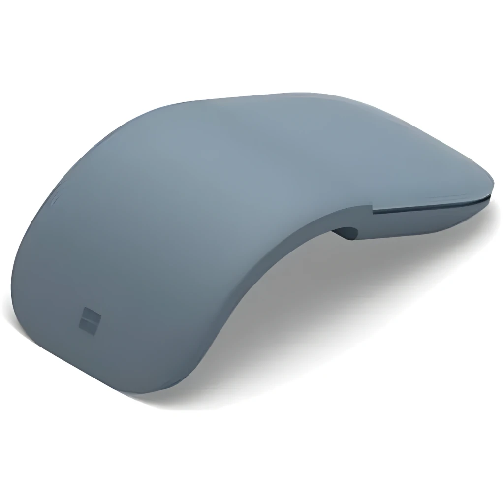 Microsoft Surface Arc Mouse Azul, vista lateral: perfil arqueado com logótipo Microsoft visível sobre fundo escuro - Item1